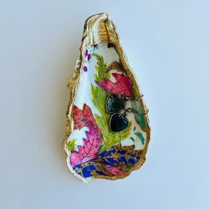 Handmade Oyster Shell Ring/Trinket Dish with Floral Pattern and Gold Trim